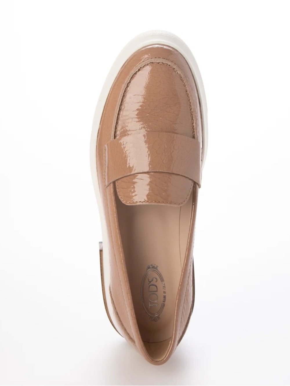 TOD’S Glossy Camel Patent Penny Loafers